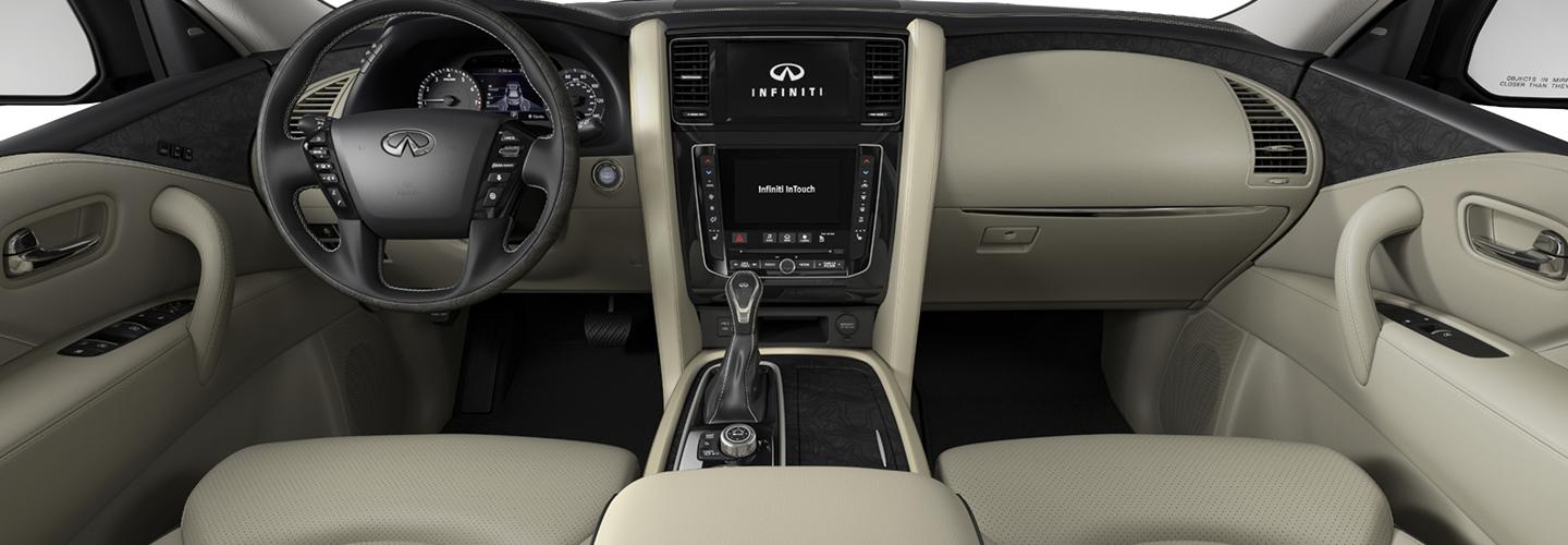 Full interior view of the steering wheel and dash of the 2021 QX80