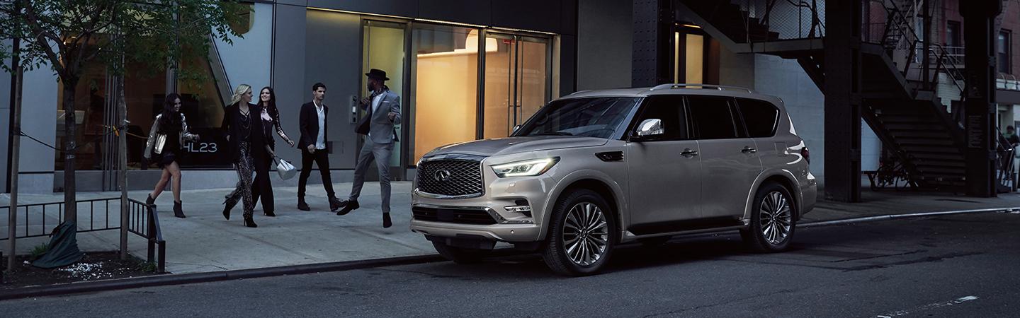 Front driver view of the 2021 INFINITI QX80 parked