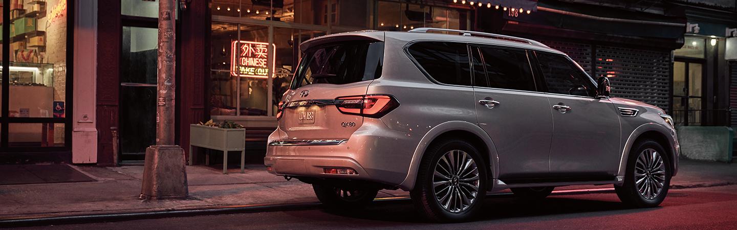 Rear passenger side view of the 2021 INFINITI QX80 parked
