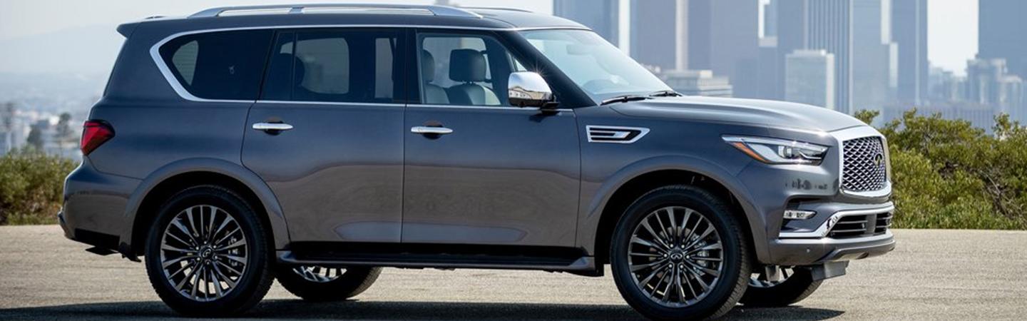 2022 INFINITI QX80 parked with view of city skyline