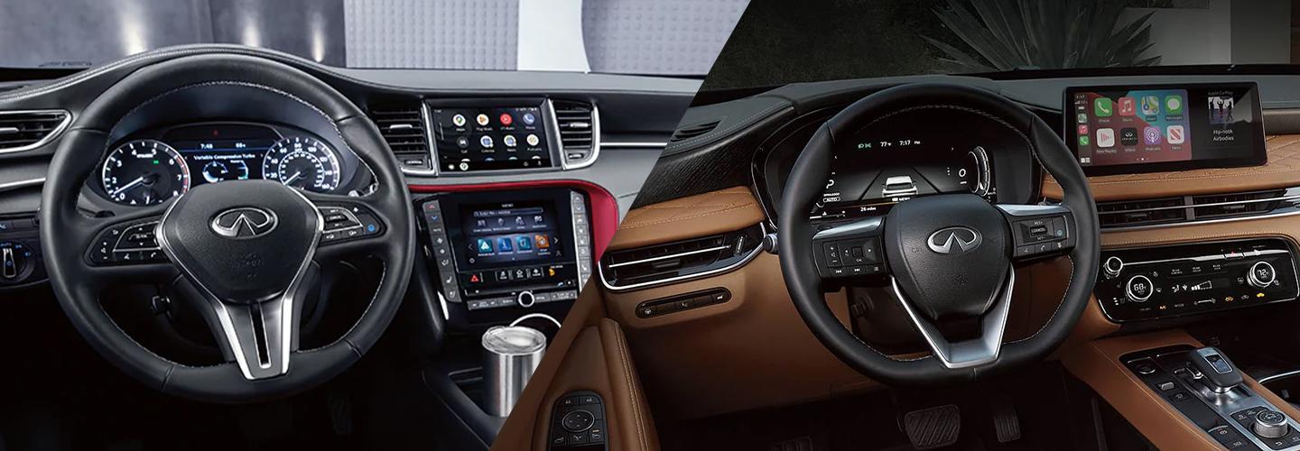 Interior view of a dashboard of 2023 INFINITI QX60 VS QX55 side by side